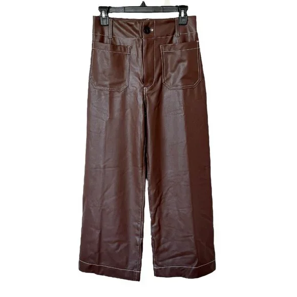 Anthropologie Maeve Colette Cropped Wide Leg Pants Faux Leather Top Stitch 27